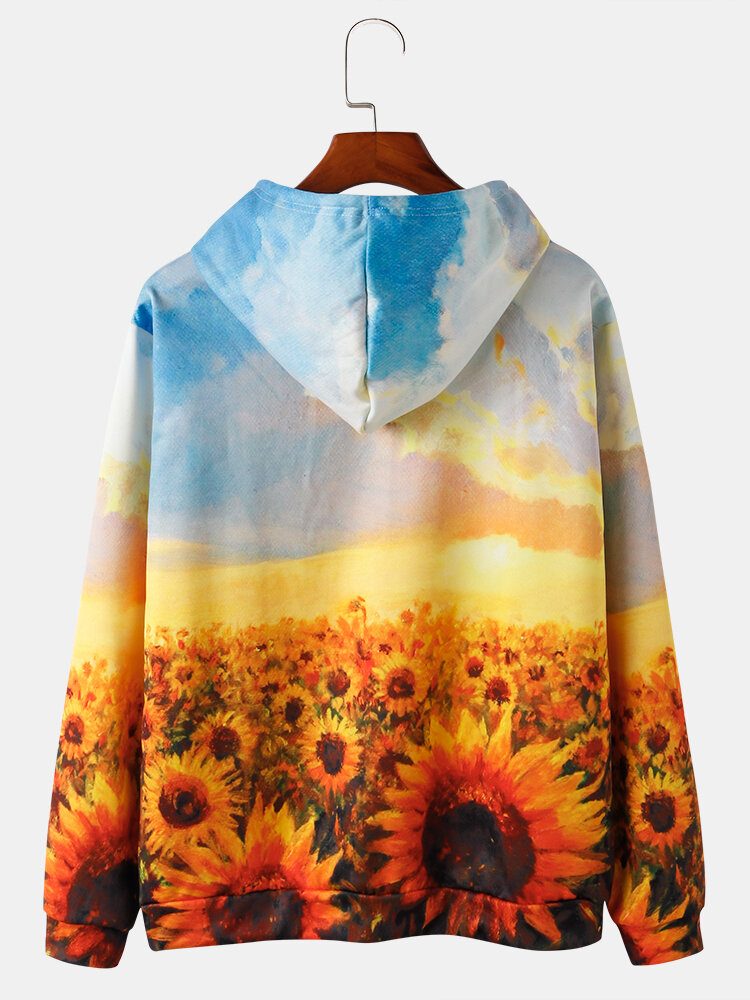 Herre All Over Flower Trykt Veske Lomme Snøring Pullover Hettegensere