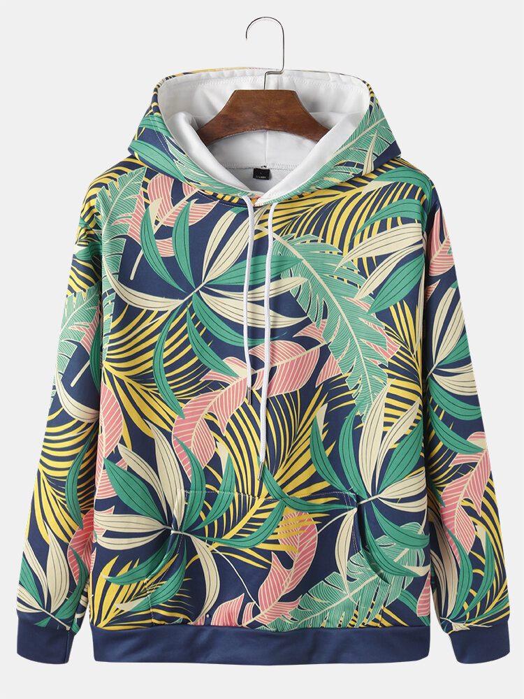 Herre All Over Plant Leaf Print Hettegensere Med Snøring Med Lommelomme