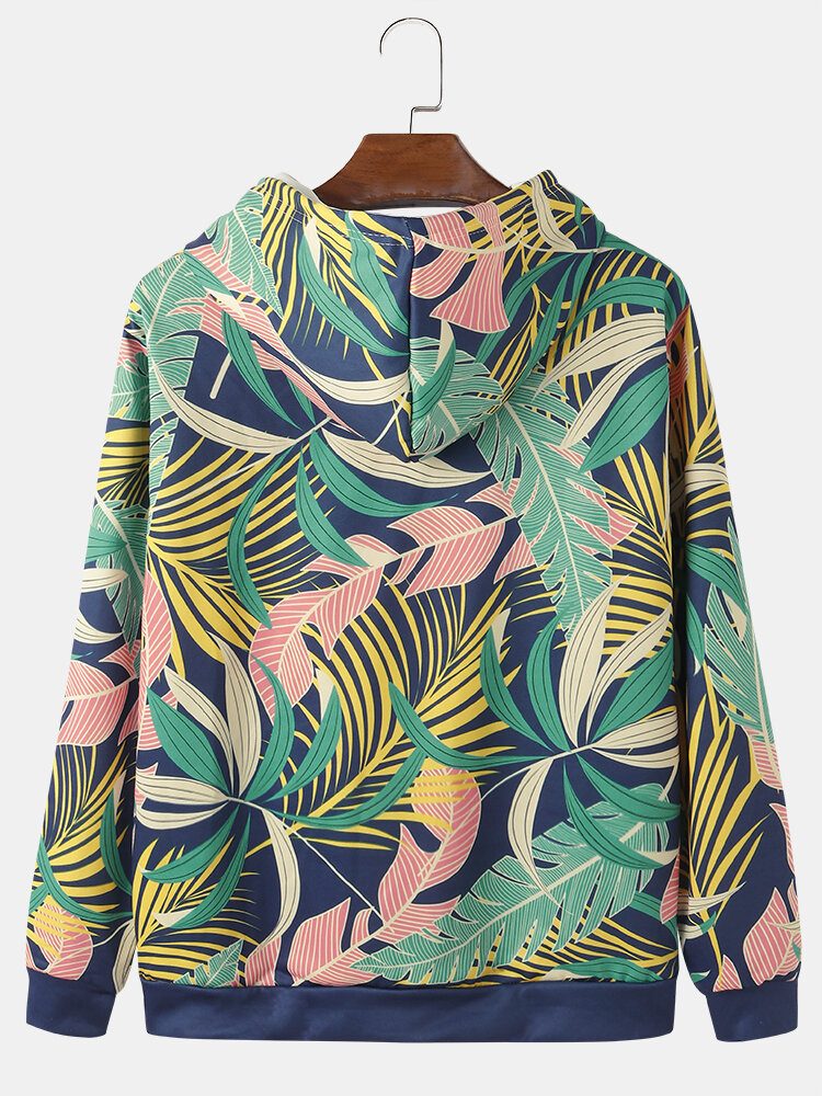 Herre All Over Plant Leaf Print Hettegensere Med Snøring Med Lommelomme