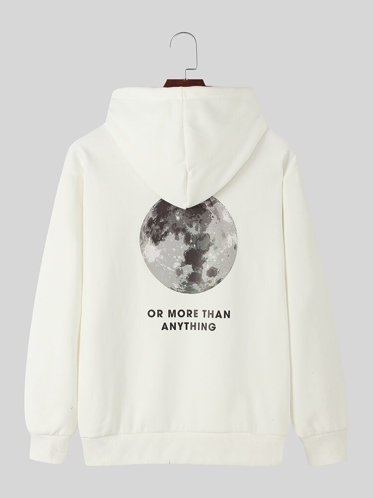 Herre Back Moon Graphic Slogan Plysjfôret Hettegensere I Varm Bomull Med Snøring