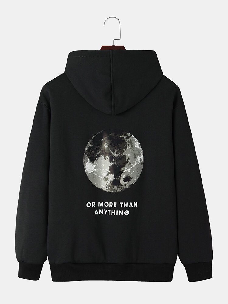 Herre Back Moon Graphic Slogan Plysjfôret Hettegensere I Varm Bomull Med Snøring