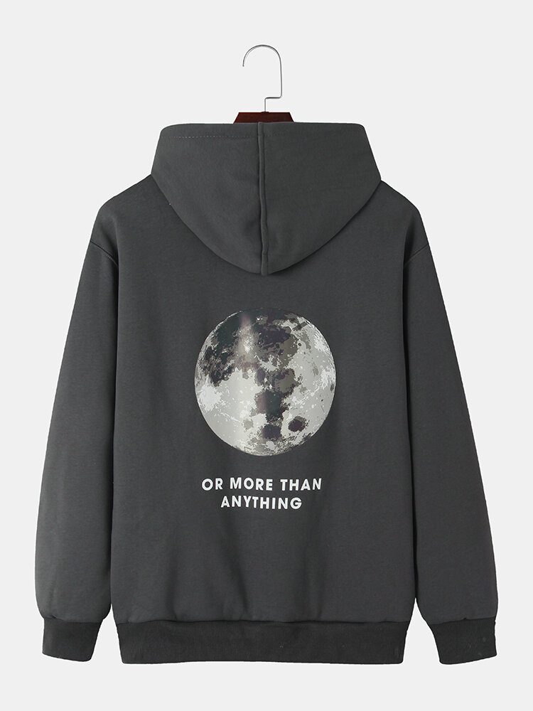 Herre Back Moon Graphic Slogan Plysjfôret Hettegensere I Varm Bomull Med Snøring