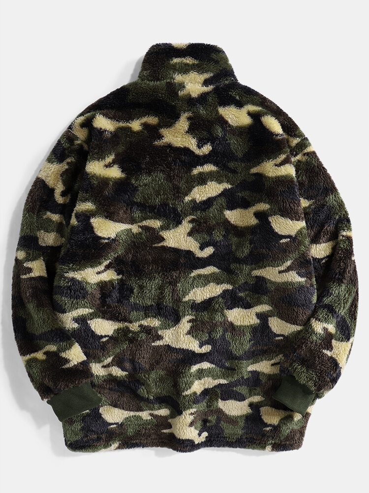 Herre Camo Halvknapp Stativ Krage Fluffy Plysj Varm Pullover Sweatshirts