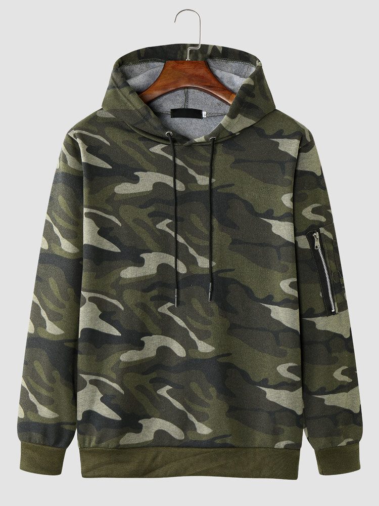 Herre Camo Print Glidelås Snøring Bodycorn Hem Uformell Hettegenser