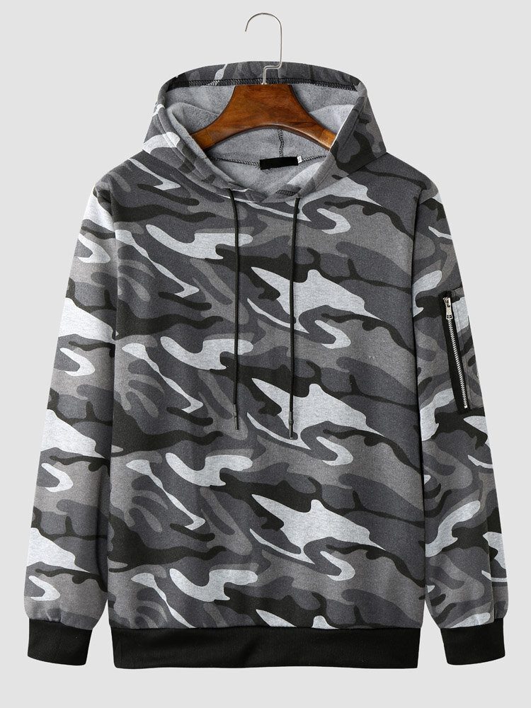 Herre Camo Print Glidelås Snøring Bodycorn Hem Uformell Hettegenser