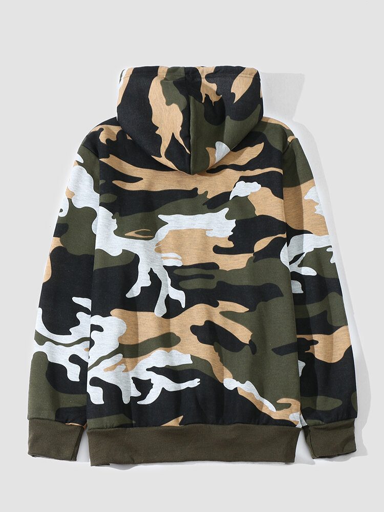 Herre Camo Print Kangaroo Pocket Bodycorn Hem Uformell Hettegenser