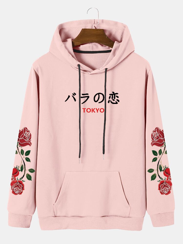 Herre Casual Rose Japansk Bokstav Hettejakke Med Snøring