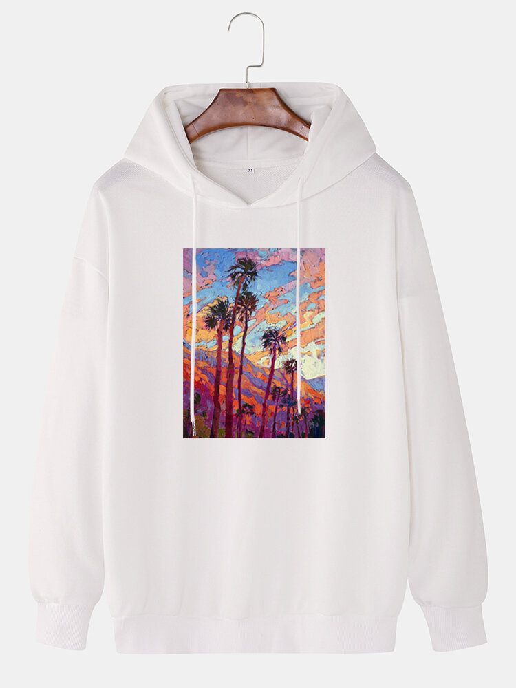 Herre Coconut Tree Maling Grafisk Cotton Drop Shoulder Hettegensere