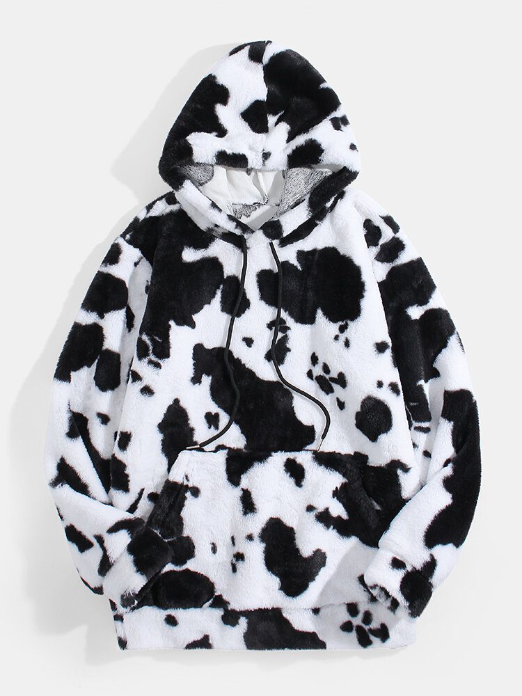 Herre Cow Print Fluffy Langermet Hettegenser I Plysj Med Kengurulomme