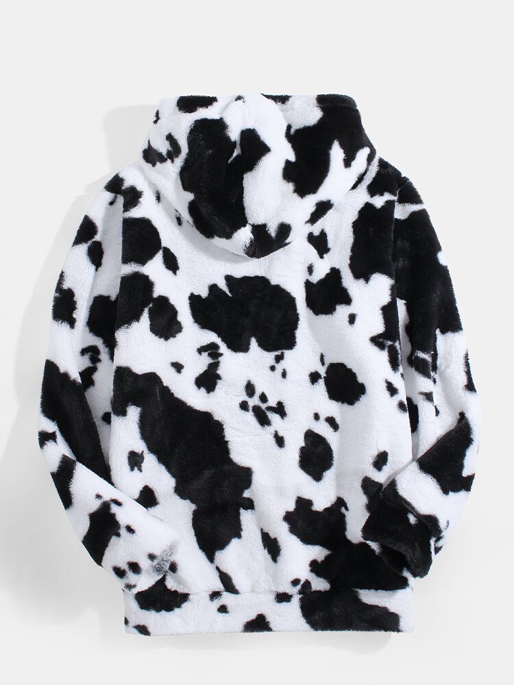 Herre Cow Print Fluffy Langermet Hettegenser I Plysj Med Kengurulomme