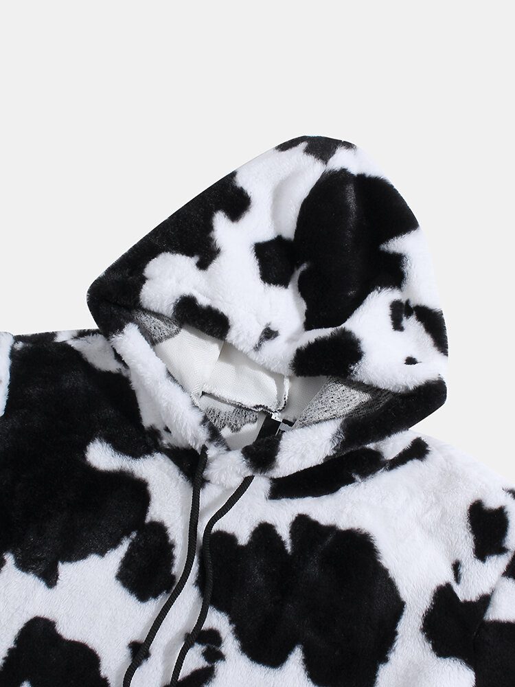 Herre Cow Print Fluffy Langermet Hettegenser I Plysj Med Kengurulomme