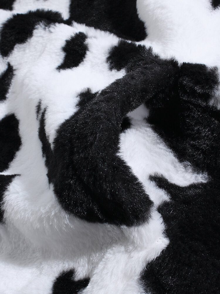 Herre Cow Print Fluffy Langermet Hettegenser I Plysj Med Kengurulomme