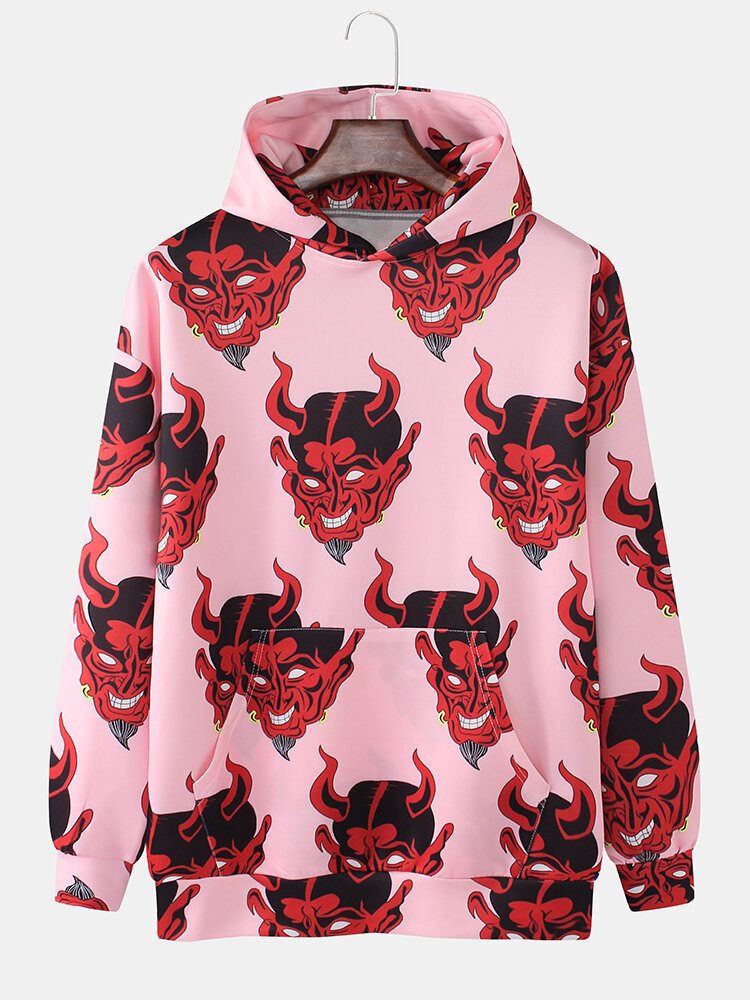 Herre Demon Print Kangaroo Pocket Langermet Hettegensere