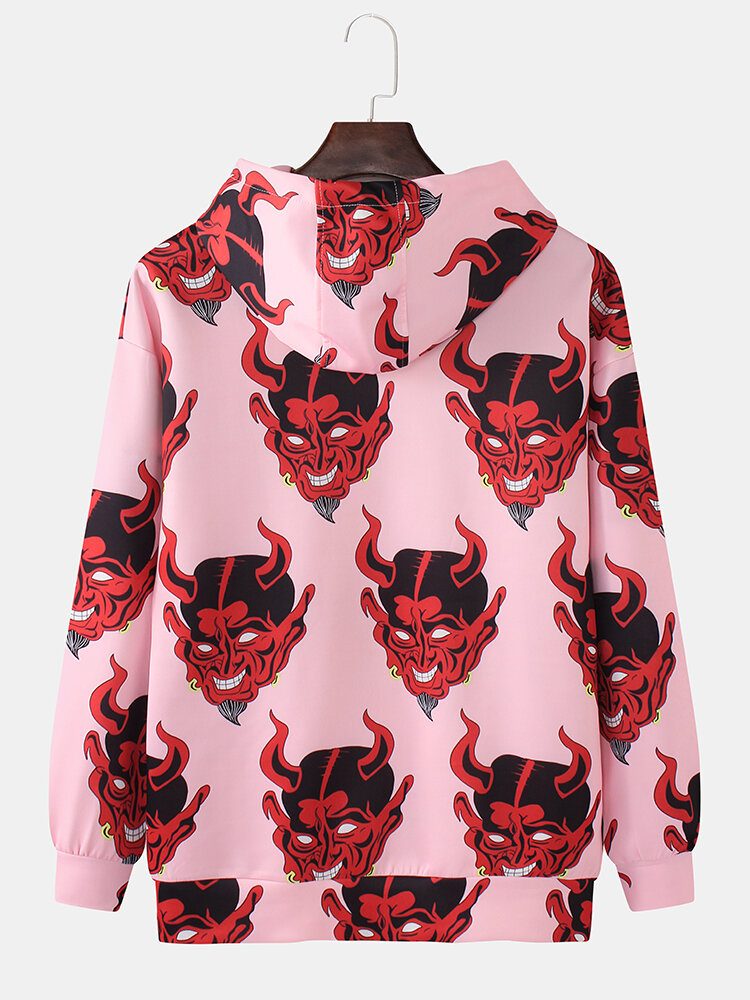 Herre Demon Print Kangaroo Pocket Langermet Hettegensere