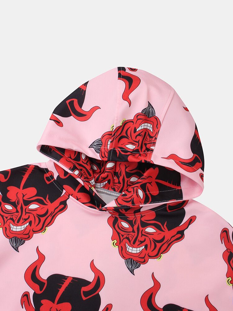 Herre Demon Print Kangaroo Pocket Langermet Hettegensere