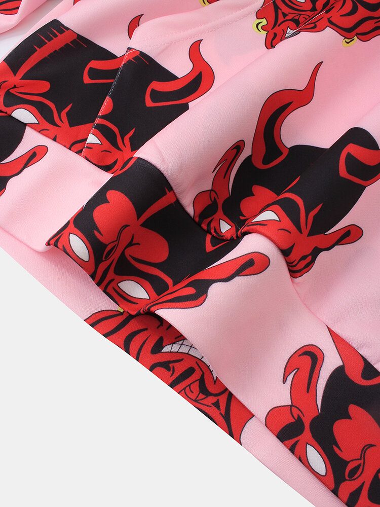 Herre Demon Print Kangaroo Pocket Langermet Hettegensere