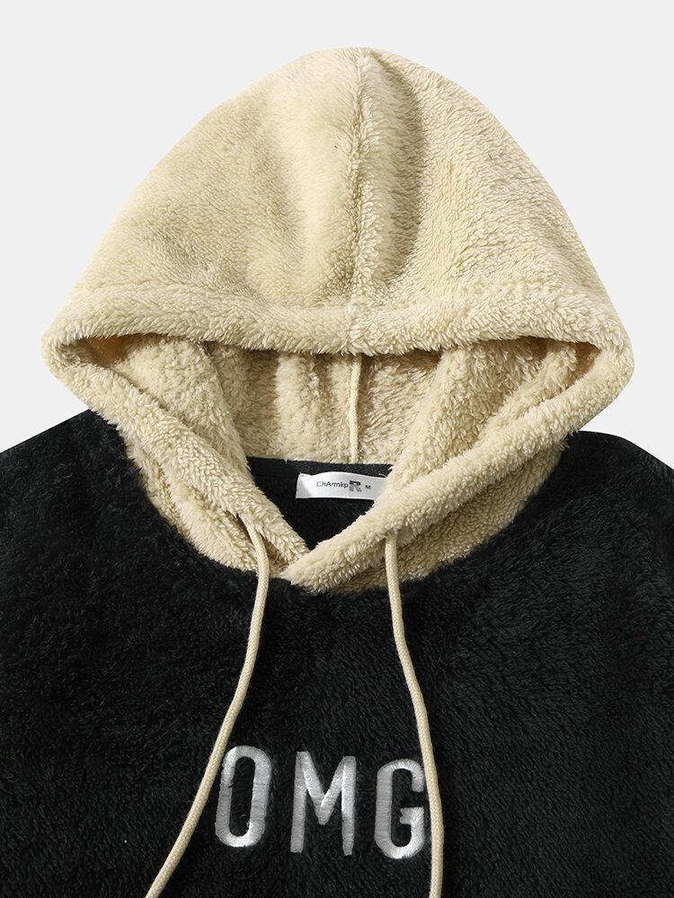 Herre Fleece Letter Contrast Kangaroo Lomme Hettegenser Med Snøring