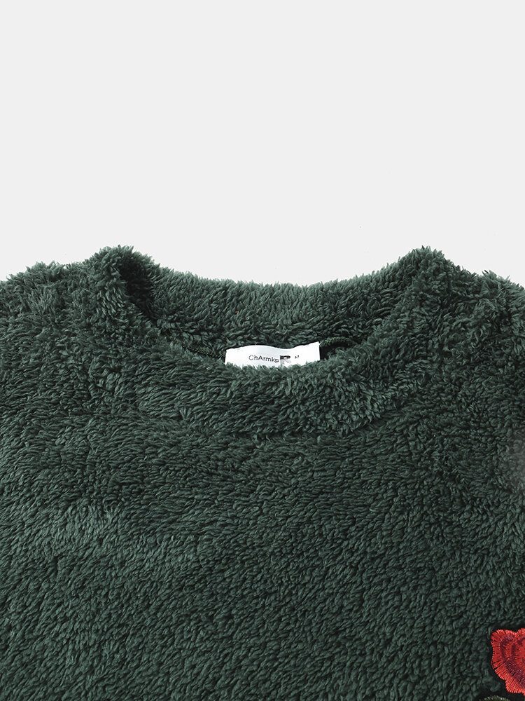 Herre Fleecebroderi Blomst Pure Solid Pullover Sweatshirt Med Rund Hals