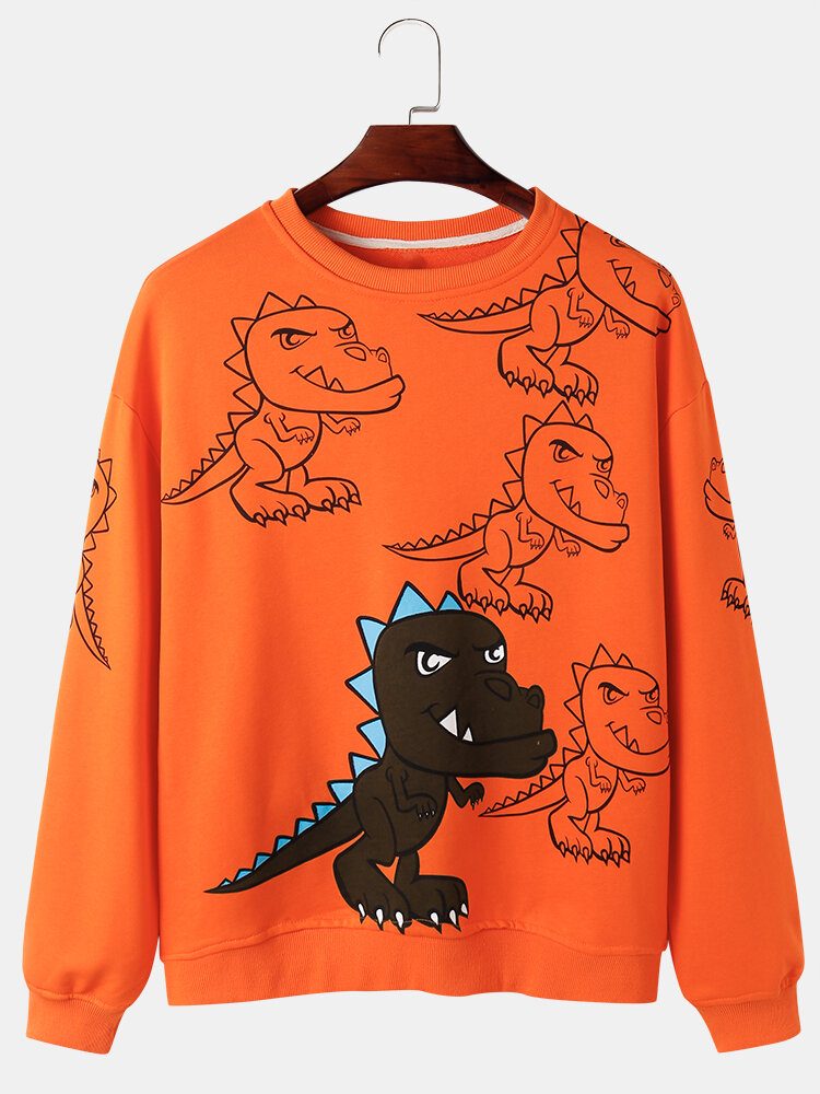 Herre Graffiti Dinosaur Print Pullover Drop Shoulder Street Sweatshirts