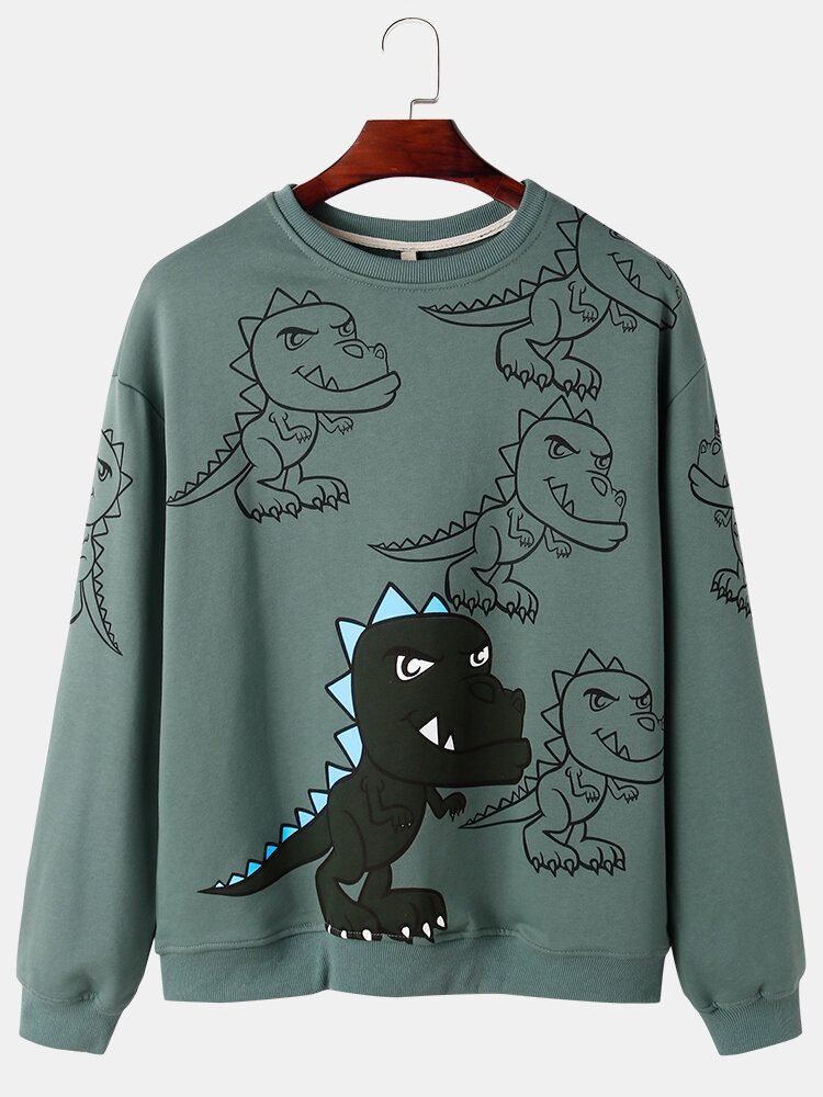 Herre Graffiti Dinosaur Print Pullover Drop Shoulder Street Sweatshirts