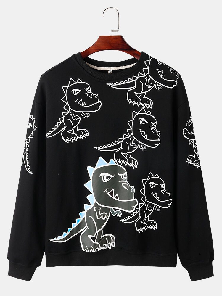 Herre Graffiti Dinosaur Print Pullover Drop Shoulder Street Sweatshirts