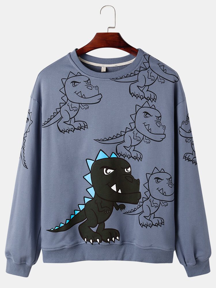 Herre Graffiti Dinosaur Print Pullover Drop Shoulder Street Sweatshirts