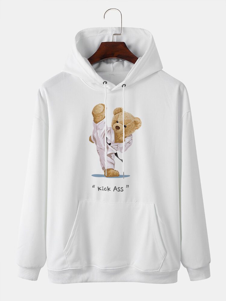 Herre Kung Fu Bear Printed Letter Kangaroo Pocket Drop Shoulder Sweatshirt