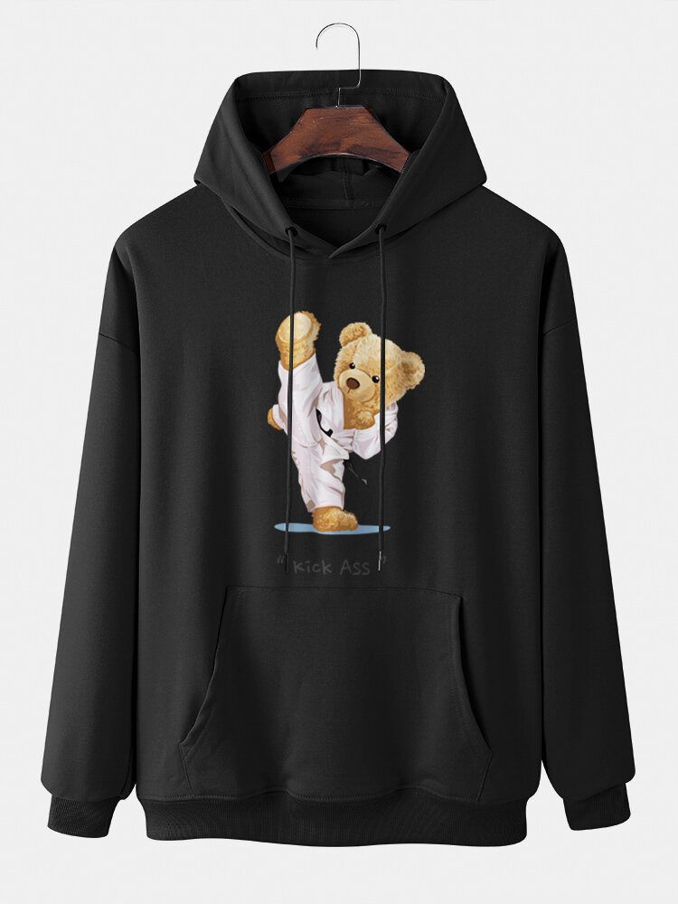 Herre Kung Fu Bear Printed Letter Kangaroo Pocket Drop Shoulder Sweatshirt