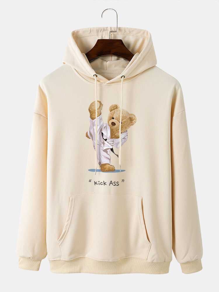 Herre Kung Fu Bear Printed Letter Kangaroo Pocket Drop Shoulder Sweatshirt