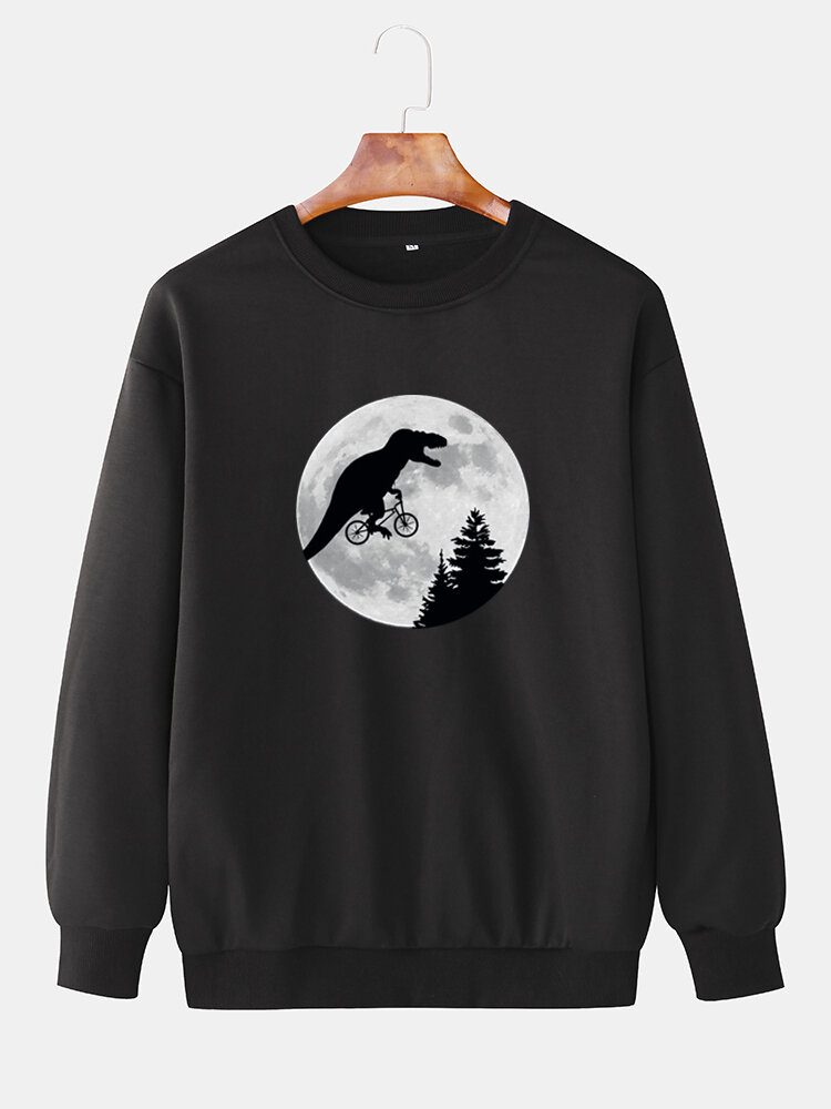 Herre Moon Dinosaur Grafikk Crew Neck Cotton Casual Drop Shoulder Sweaters