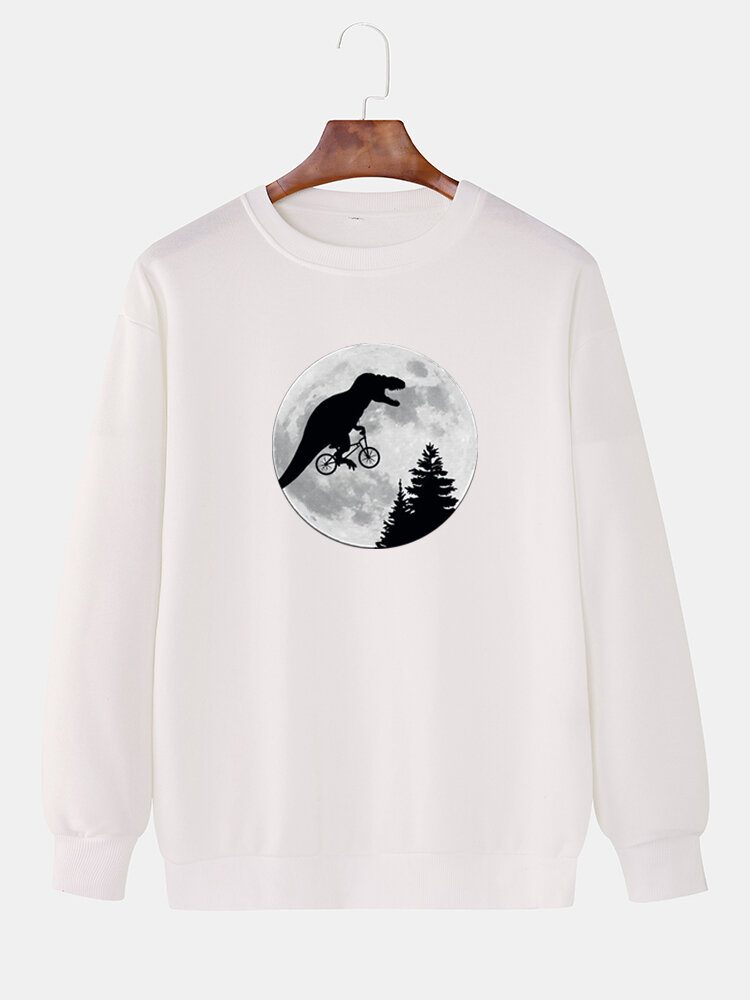 Herre Moon Dinosaur Grafikk Crew Neck Cotton Casual Drop Shoulder Sweaters