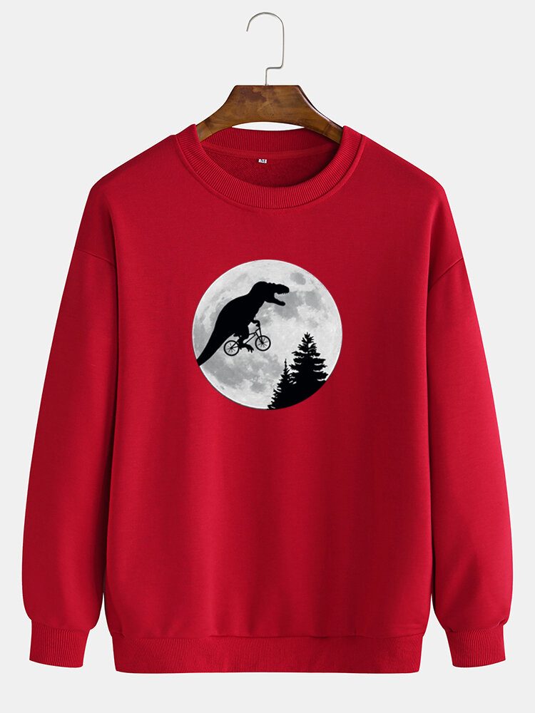 Herre Moon Dinosaur Grafikk Crew Neck Cotton Casual Drop Shoulder Sweaters