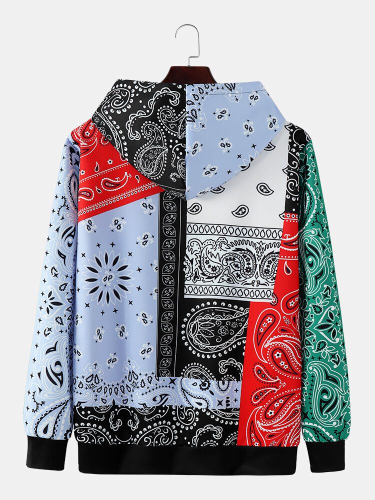 Herre Paisley Kontrastfarge Patchwork Kangaroo Pocket Hettegenser