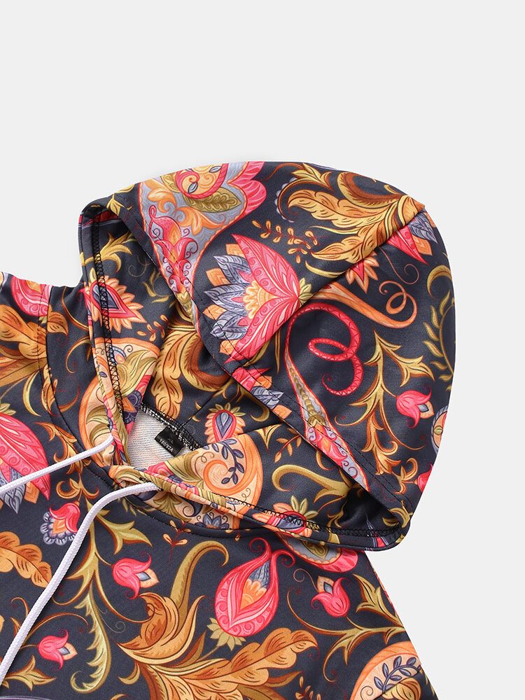 Herre Paisley Print Kangaroo Pocket Langermet Hettegensere