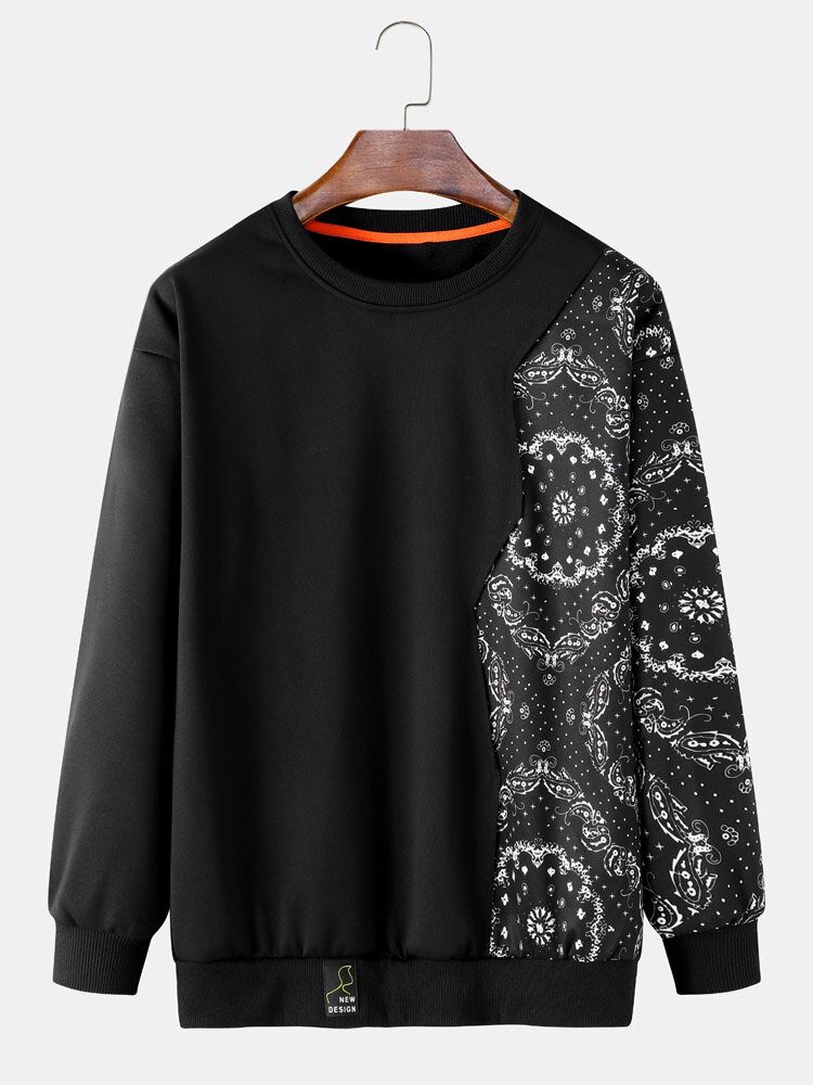 Herre Patchwork Color Block Contrast Floral Pullover Sweatshirt