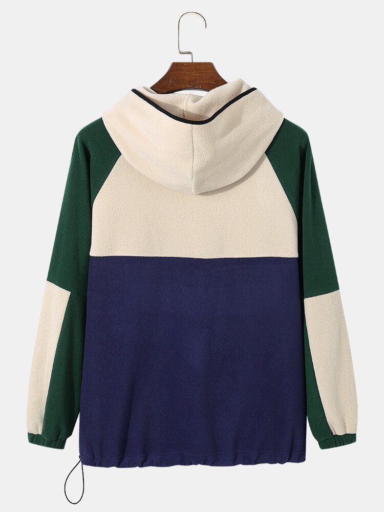 Herre Patchwork Color Block Raglan Sleeve Big Pocket Letter Genser Med Hette