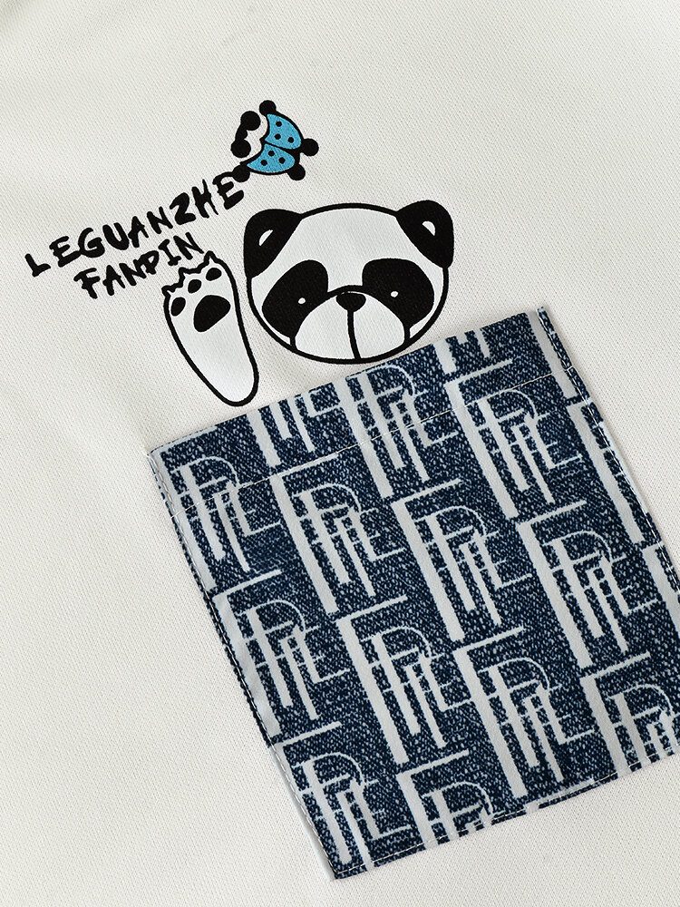 Herre Patchwork Faked Two Panda Letter Pocket Preppy Hettegenser