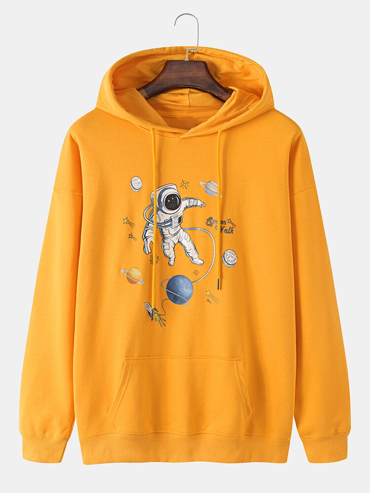 Herre Planet Astronaut Print Bomulls Hettegensere Med Kengurulomme