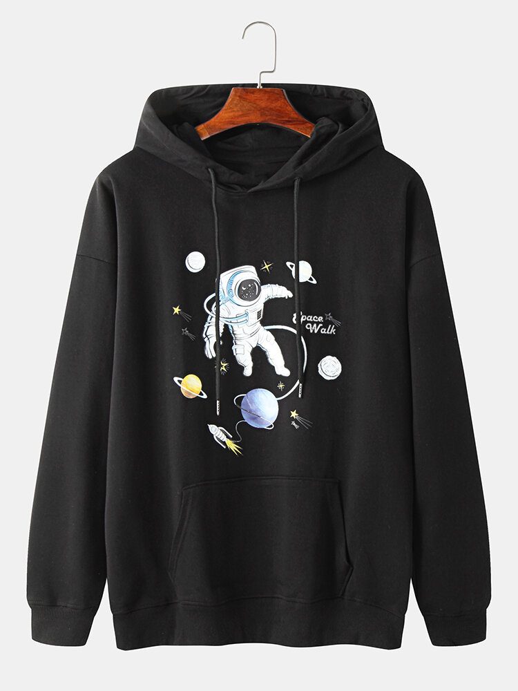 Herre Planet Astronaut Print Bomulls Hettegensere Med Kengurulomme