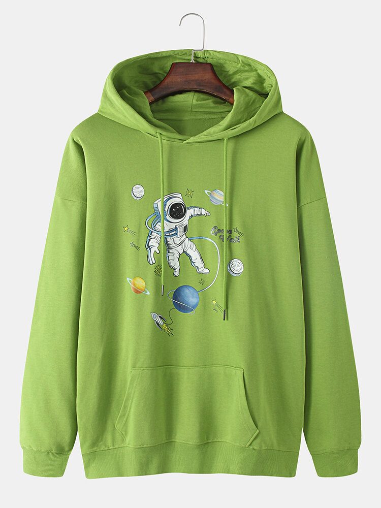 Herre Planet Astronaut Print Bomulls Hettegensere Med Kengurulomme