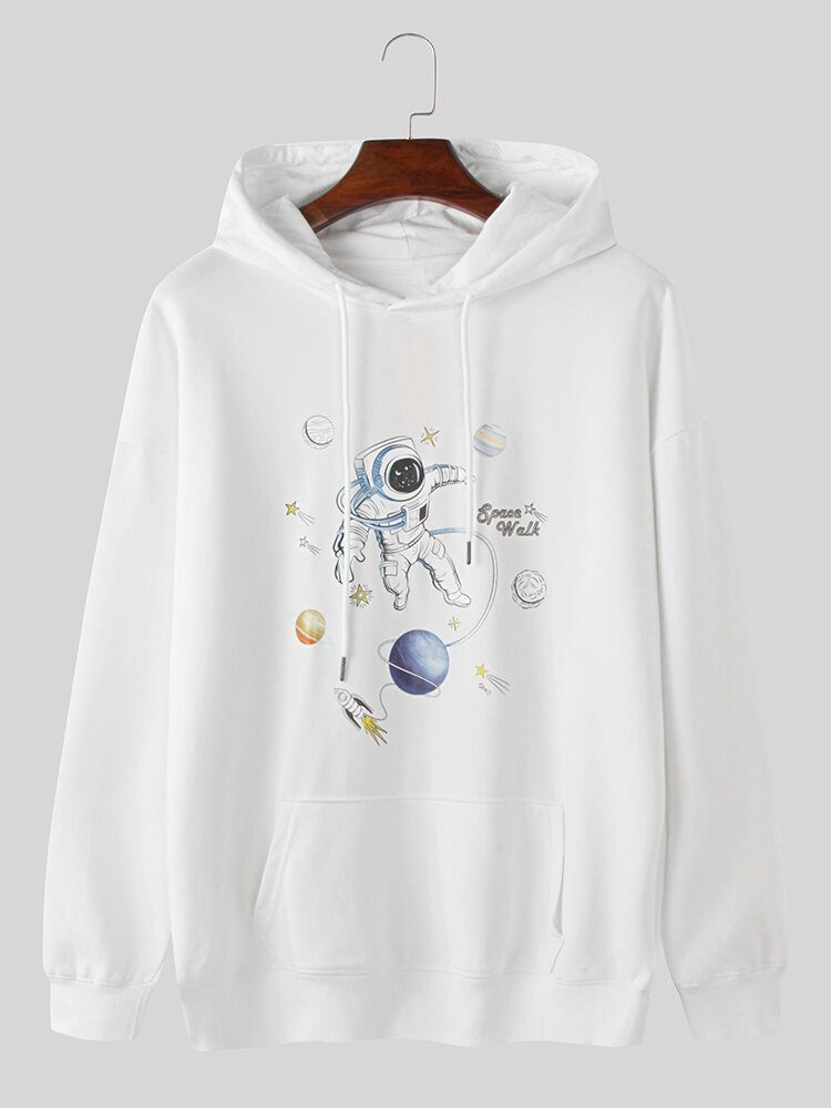 Herre Planet Astronaut Print Bomulls Hettegensere Med Kengurulomme