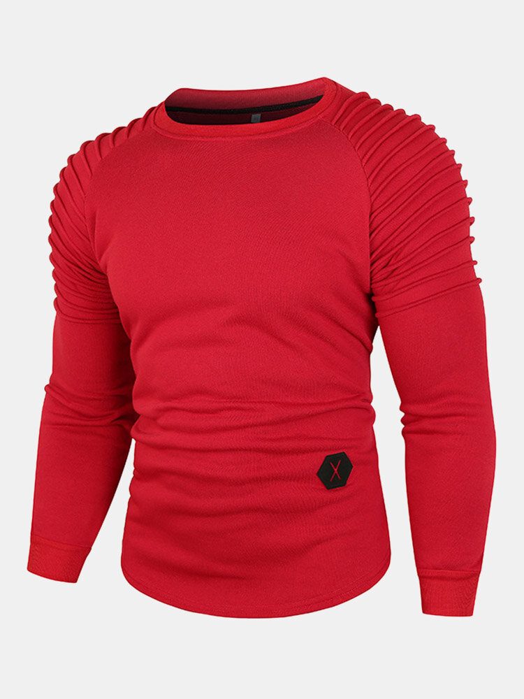 Herre Solid Fleece Plissert Crew Neck Casual Pullover Sweatshirt