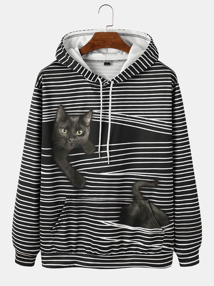 Herre Stripe Black Cat Print Langermede Hettegensere Med Lomme