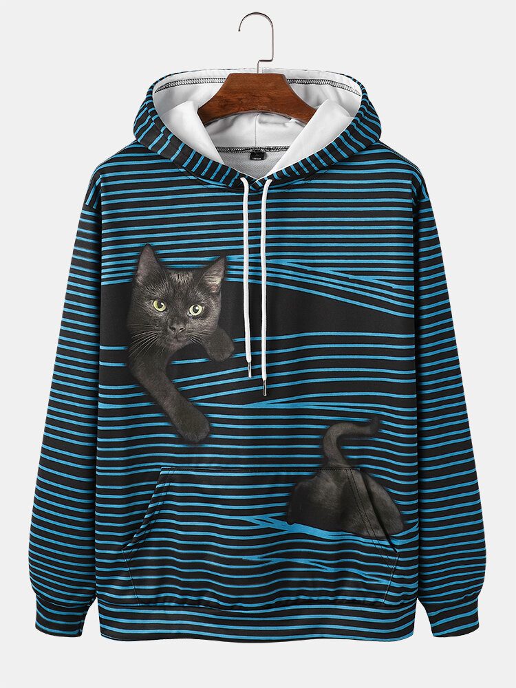 Herre Stripe Black Cat Print Langermede Hettegensere Med Lomme