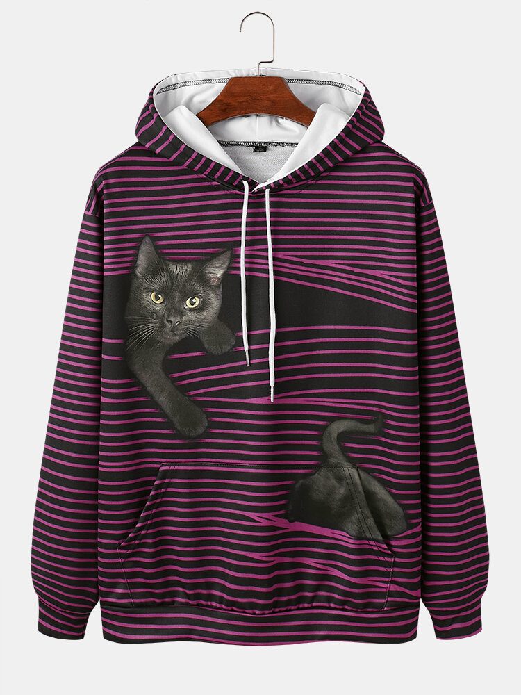 Herre Stripe Black Cat Print Langermede Hettegensere Med Lomme