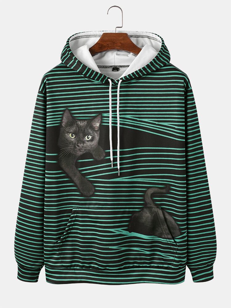 Herre Stripe Black Cat Print Langermede Hettegensere Med Lomme