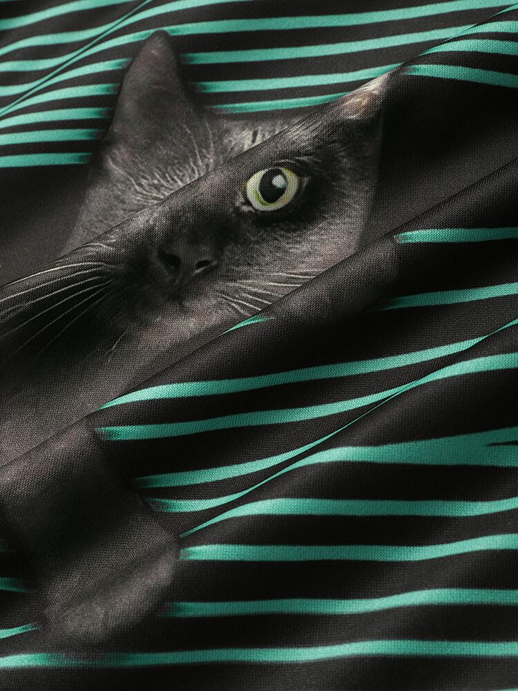 Herre Stripe Black Cat Print Langermede Hettegensere Med Lomme