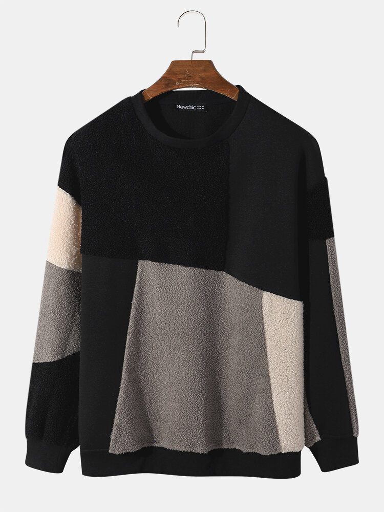 Herre Teddy Color Block Patchwork Sweatshirts Med Rund Hals