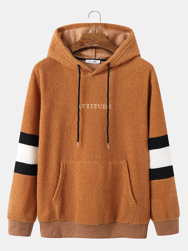 Herre Teddy Fleece Strip Erme Letter Kangaroo Lomme Hettegenser Med Snøring