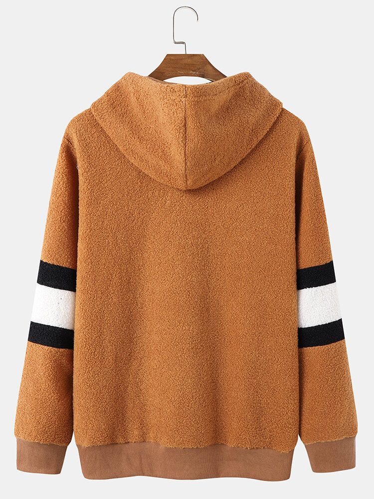 Herre Teddy Fleece Strip Erme Letter Kangaroo Lomme Hettegenser Med Snøring